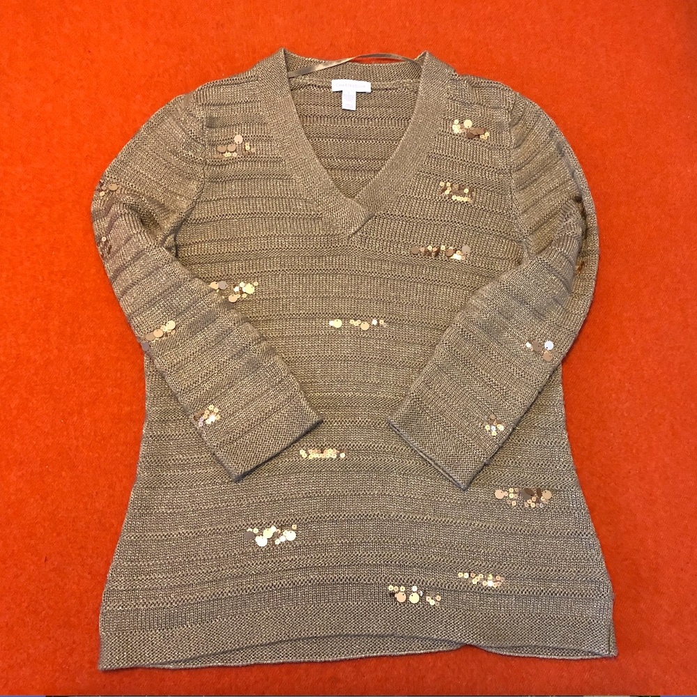 Charter Club vintage cream and gold sequins V-neck ribbed sweater EUC